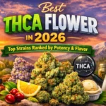 Premium THCA flower strains displayed with lab testing, flavor elements, and high-potency cannabis buds