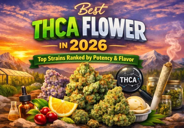 Premium THCA flower strains displayed with lab testing, flavor elements, and high-potency cannabis buds