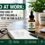 CBD at work concept showing desk setup with CBD oil bottle, laptop, and text about drug testing in the U.S.