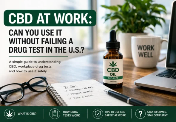 CBD at work concept showing desk setup with CBD oil bottle, laptop, and text about drug testing in the U.S.