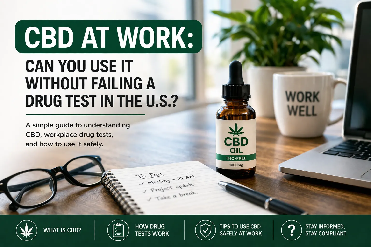 CBD at work concept showing desk setup with CBD oil bottle, laptop, and text about drug testing in the U.S.