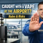 Airport security officer stopping a passenger with a vape device and e-liquid at airport checkpoint, highlighting vape rules and risks during air travel