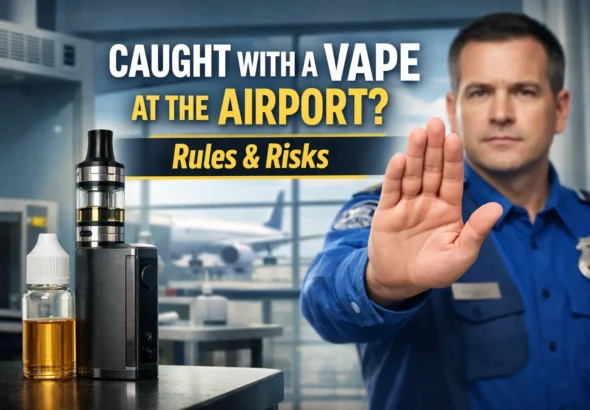 Airport security officer stopping a passenger with a vape device and e-liquid at airport checkpoint, highlighting vape rules and risks during air travel