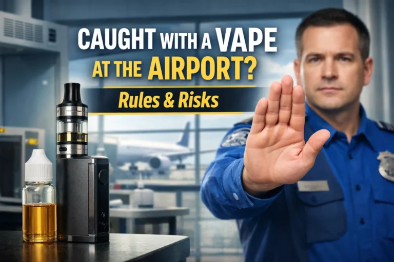 Airport security officer stopping a passenger with a vape device and e-liquid at airport checkpoint, highlighting vape rules and risks during air travel
