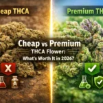Cheap vs premium THCA flower comparison showing low-quality dry buds vs high-quality frosty cannabis buds in 2026