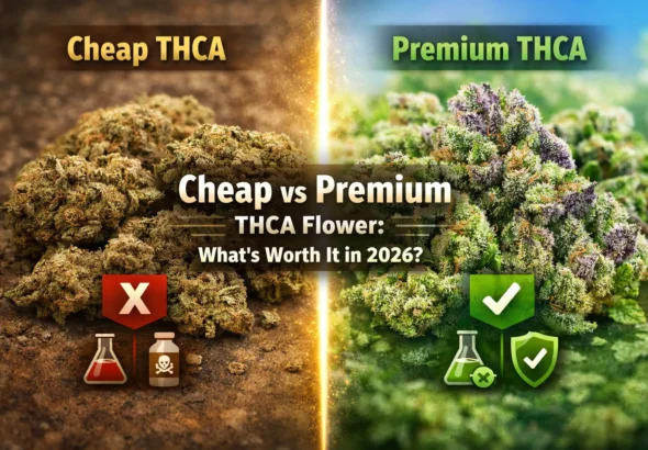 Cheap vs premium THCA flower comparison showing low-quality dry buds vs high-quality frosty cannabis buds in 2026