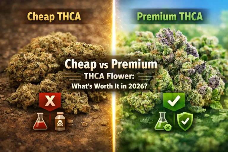 Cheap vs premium THCA flower comparison showing low-quality dry buds vs high-quality frosty cannabis buds in 2026