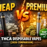 Comparison of cheap vs premium THCA disposable vapes showing differences in quality, price, and cannabis extract in 2026