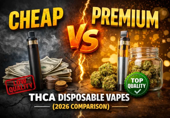 Comparison of cheap vs premium THCA disposable vapes showing differences in quality, price, and cannabis extract in 2026