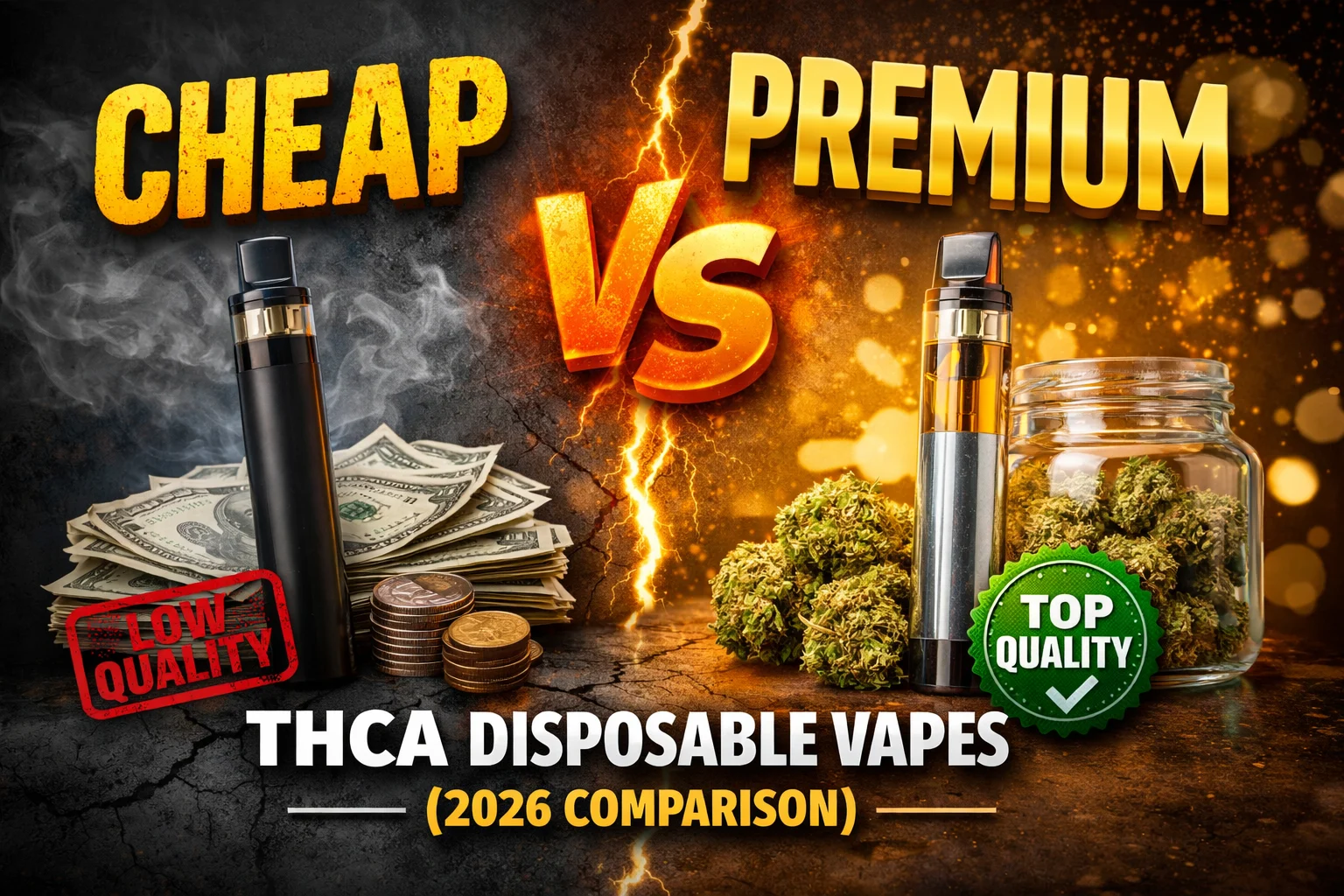 Comparison of cheap vs premium THCA disposable vapes showing differences in quality, price, and cannabis extract in 2026