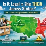 Infographic of THCA shipping laws in the USA showing legal vs banned states, hemp product box, and federal and state law indicators for 2026 guide