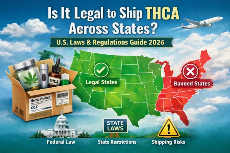 Infographic of THCA shipping laws in the USA showing legal vs banned states, hemp product box, and federal and state law indicators for 2026 guide