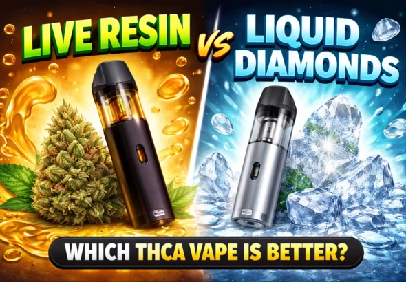 Live resin vs liquid diamonds comparison in THCA disposable vapes with visual focus on terpene-rich resin and high-potency diamond extract