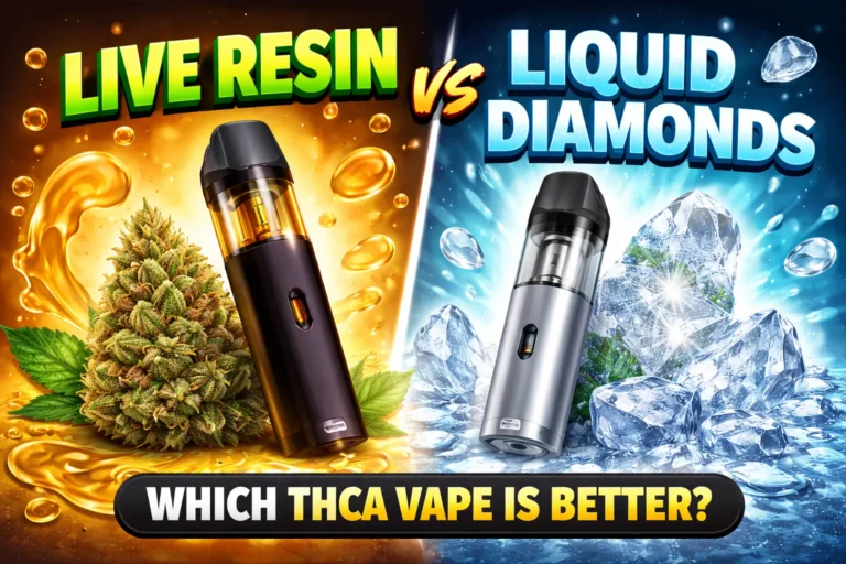 Live resin vs liquid diamonds comparison in THCA disposable vapes with visual focus on terpene-rich resin and high-potency diamond extract