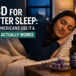 Woman sleeping peacefully beside CBD oil and gummies on a nightstand, illustrating how CBD helps with relaxation and better sleep