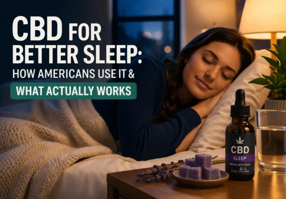 Woman sleeping peacefully beside CBD oil and gummies on a nightstand, illustrating how CBD helps with relaxation and better sleep