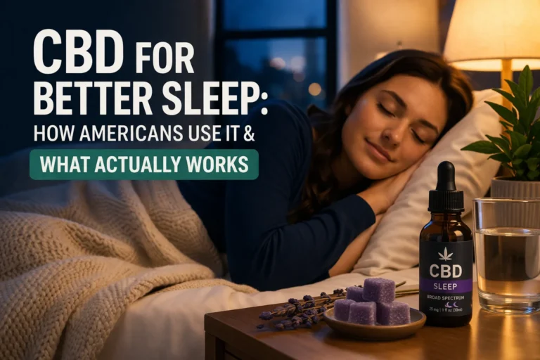 Woman sleeping peacefully beside CBD oil and gummies on a nightstand, illustrating how CBD helps with relaxation and better sleep