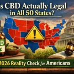 CBD legality in the United States 2026 map with hemp oil bottle, warning sign, and Capitol building representing federal and state laws