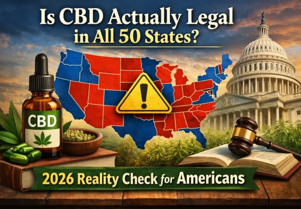 CBD legality in the United States 2026 map with hemp oil bottle, warning sign, and Capitol building representing federal and state laws