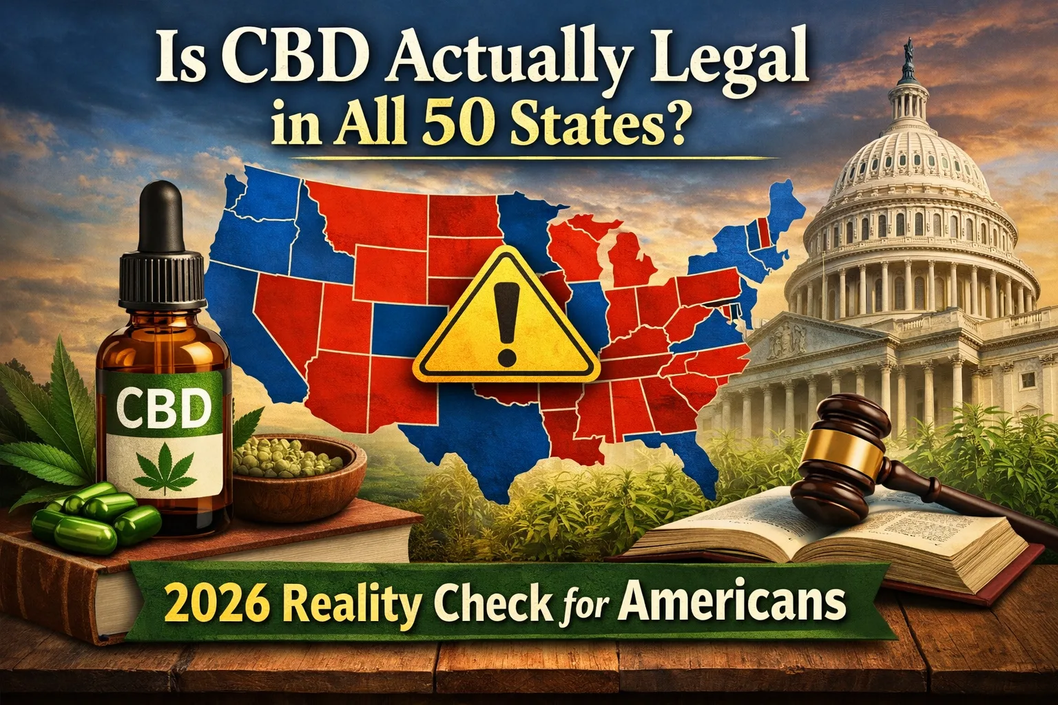 CBD legality in the United States 2026 map with hemp oil bottle, warning sign, and Capitol building representing federal and state laws