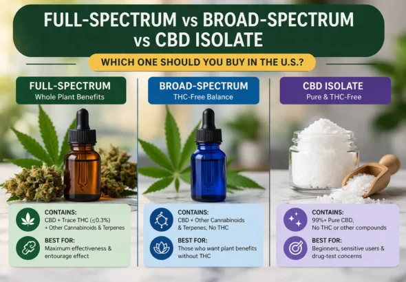 Infographic comparing full-spectrum, broad-spectrum, and CBD isolate with key differences, THC content, benefits, and best use cases for each CBD type.