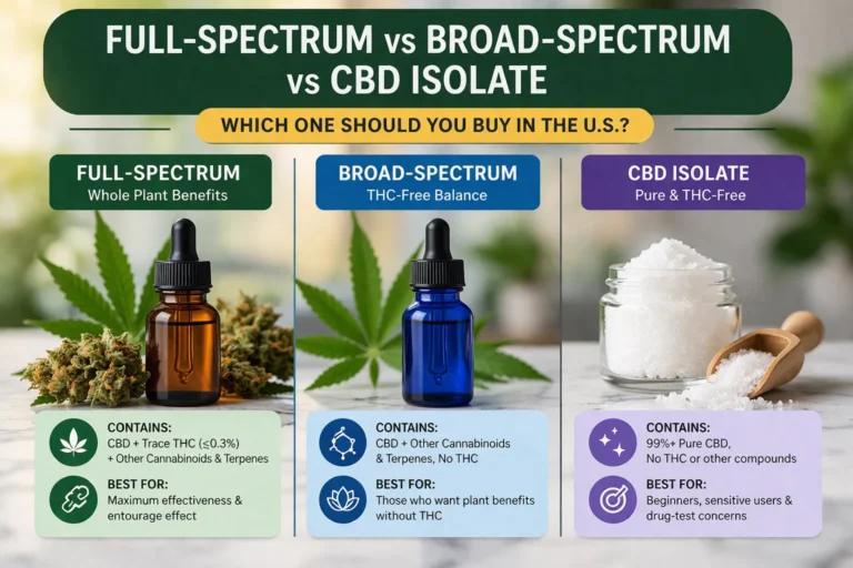 Infographic comparing full-spectrum, broad-spectrum, and CBD isolate with key differences, THC content, benefits, and best use cases for each CBD type.