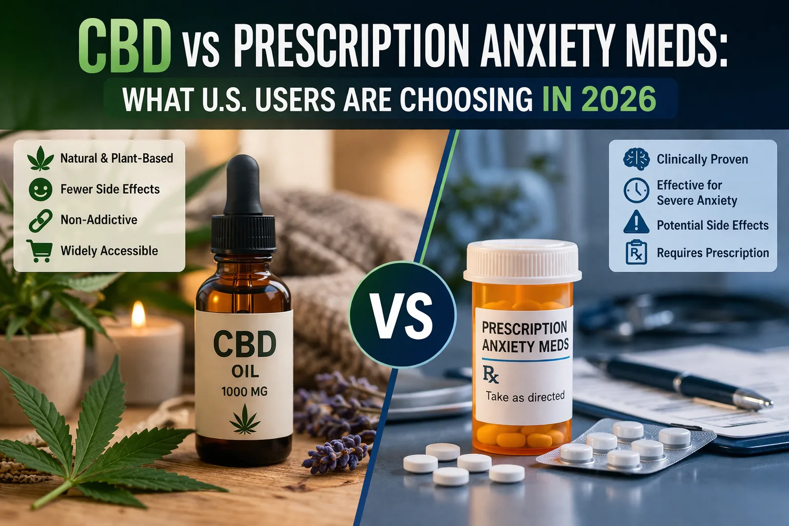 CBD oil vs prescription anxiety medications comparison showing natural benefits, side effects, and user trends in the U.S. for 2026