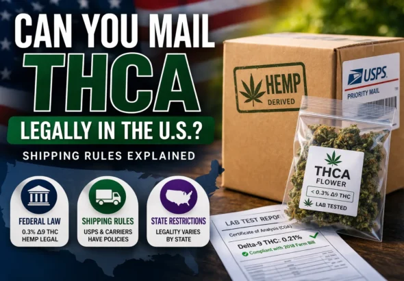 Mailing THCA legally in the U.S. with hemp-derived package, USPS label, and certificate of analysis
