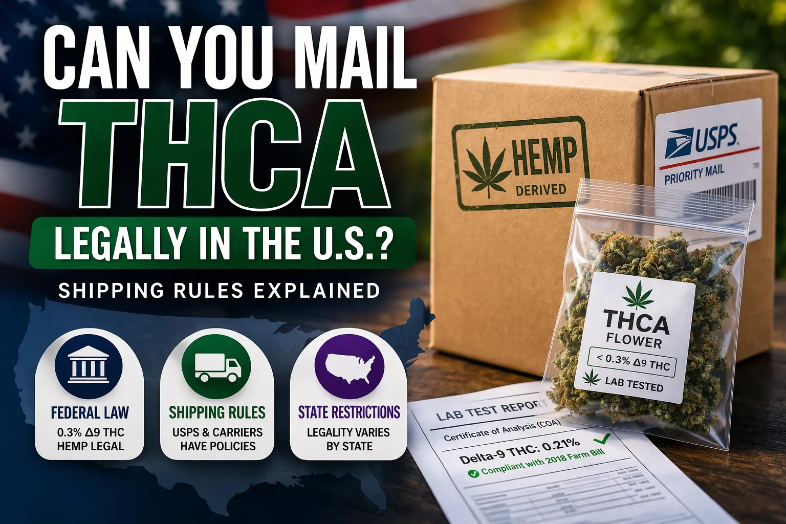 Mailing THCA legally in the U.S. with hemp-derived package, USPS label, and certificate of analysis