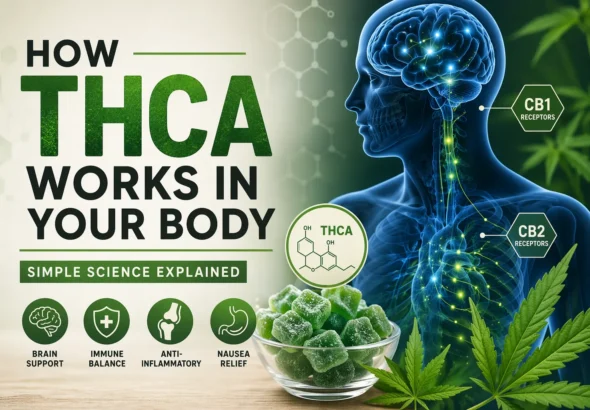 Illustration of how THCA works in the body, showing brain and nervous system pathways with CB1 and CB2 receptors, cannabis leaves, and THCA gummies representing benefits like brain support, immune balance, anti-inflammatory effects, and nausea relief.