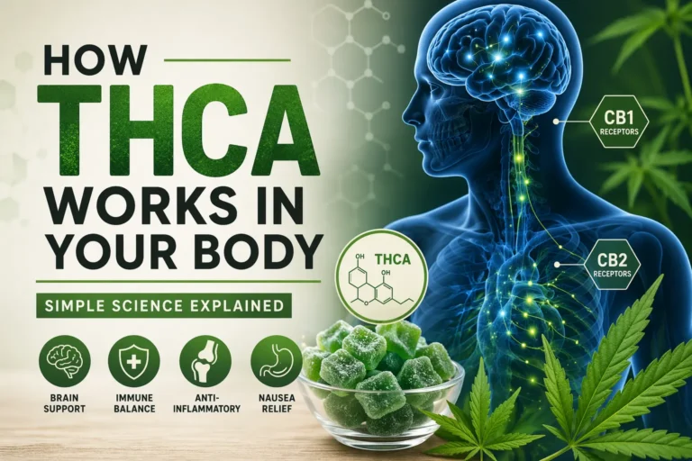 Illustration of how THCA works in the body, showing brain and nervous system pathways with CB1 and CB2 receptors, cannabis leaves, and THCA gummies representing benefits like brain support, immune balance, anti-inflammatory effects, and nausea relief.