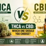 THCA vs CBD infographic comparing benefits, effects, and uses, showing cannabis flower on the THCA side and CBD oil, capsules, and leaf on the CBD side with key differences highlighted.