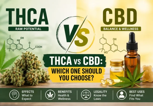 THCA vs CBD infographic comparing benefits, effects, and uses, showing cannabis flower on the THCA side and CBD oil, capsules, and leaf on the CBD side with key differences highlighted.