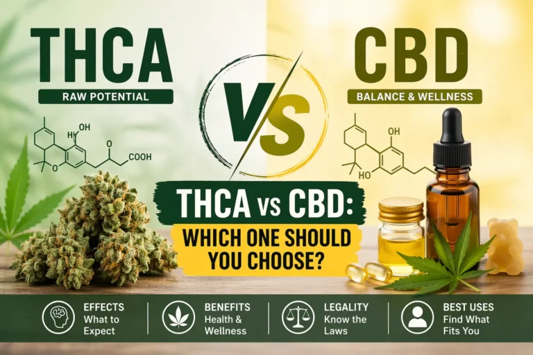 THCA vs CBD infographic comparing benefits, effects, and uses, showing cannabis flower on the THCA side and CBD oil, capsules, and leaf on the CBD side with key differences highlighted.