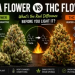 THCA flower vs THC flower infographic showing raw non-psychoactive cannabis on one side and heated psychoactive cannabis on the other with comparison details