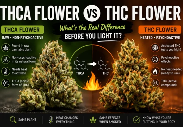 THCA flower vs THC flower infographic showing raw non-psychoactive cannabis on one side and heated psychoactive cannabis on the other with comparison details