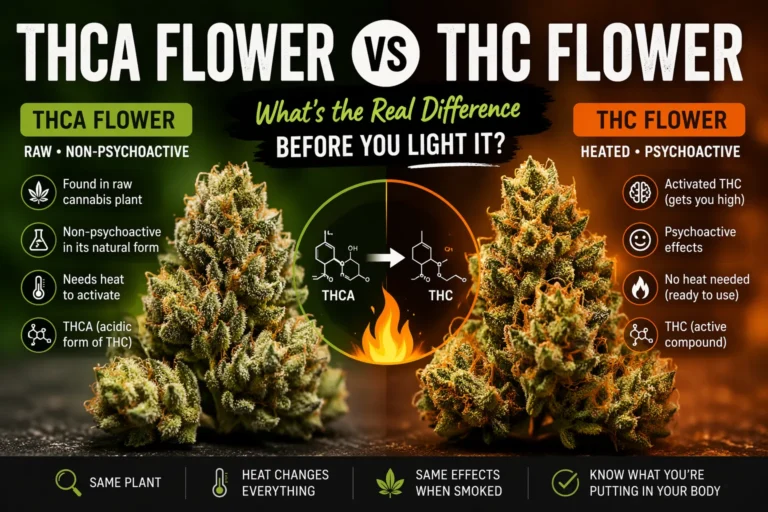 THCA flower vs THC flower infographic showing raw non-psychoactive cannabis on one side and heated psychoactive cannabis on the other with comparison details