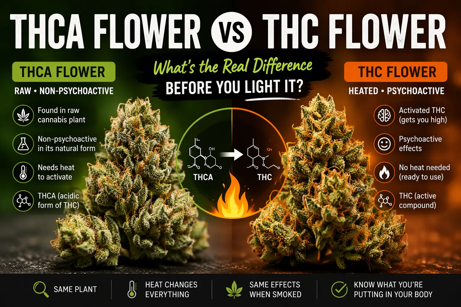 THCA flower vs THC flower infographic showing raw non-psychoactive cannabis on one side and heated psychoactive cannabis on the other with comparison details