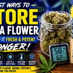 Glass jar filled with THCA cannabis flower alongside humidity pack and digital hygrometer showing ideal storage conditions for keeping THCA fresh and potent longer