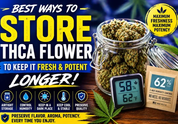 Glass jar filled with THCA cannabis flower alongside humidity pack and digital hygrometer showing ideal storage conditions for keeping THCA fresh and potent longer