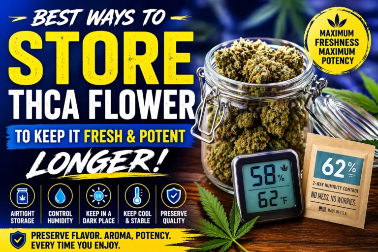 Glass jar filled with THCA cannabis flower alongside humidity pack and digital hygrometer showing ideal storage conditions for keeping THCA fresh and potent longer