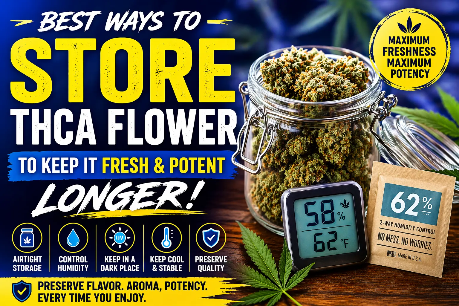 Glass jar filled with THCA cannabis flower alongside humidity pack and digital hygrometer showing ideal storage conditions for keeping THCA fresh and potent longer
