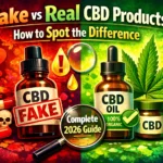 Split comparison image showing fake vs real CBD products, with fake items in red warning tones and authentic CBD oil in green with organic labeling, highlighting how to identify genuine CBD products in 2026.