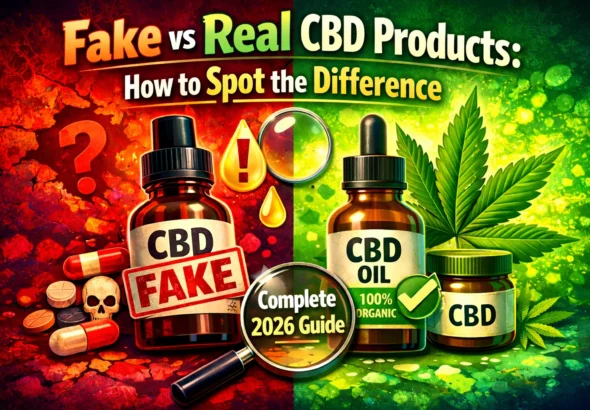 Split comparison image showing fake vs real CBD products, with fake items in red warning tones and authentic CBD oil in green with organic labeling, highlighting how to identify genuine CBD products in 2026.