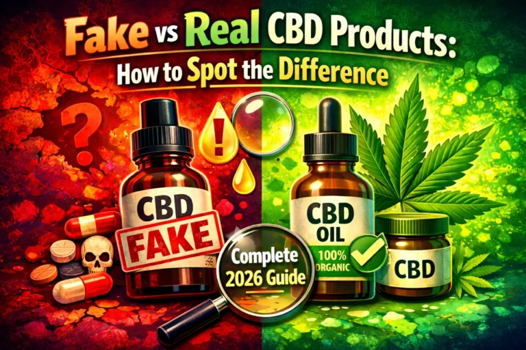 Split comparison image showing fake vs real CBD products, with fake items in red warning tones and authentic CBD oil in green with organic labeling, highlighting how to identify genuine CBD products in 2026.