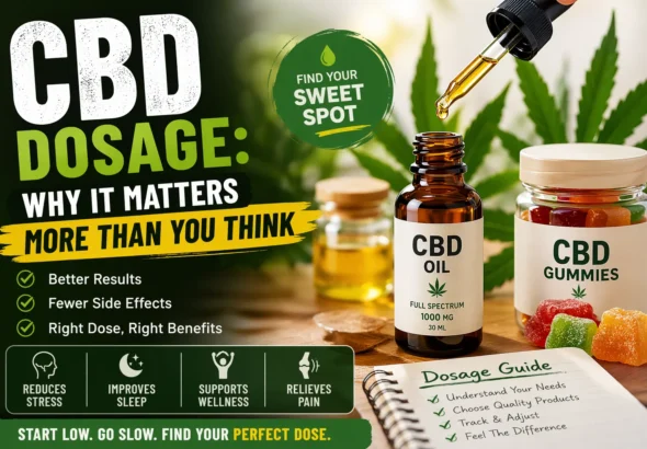 Infographic showing CBD oil dropper, gummies, and dosage guide with text “CBD Dosage: Why It Matters More Than You Think” highlighting benefits like better results, improved sleep, and reduced stress
