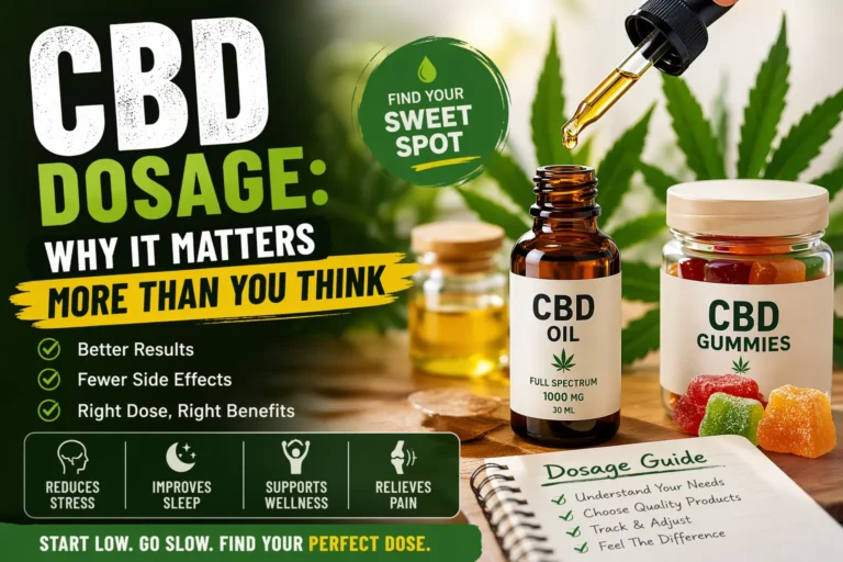 Infographic showing CBD oil dropper, gummies, and dosage guide with text “CBD Dosage: Why It Matters More Than You Think” highlighting benefits like better results, improved sleep, and reduced stress