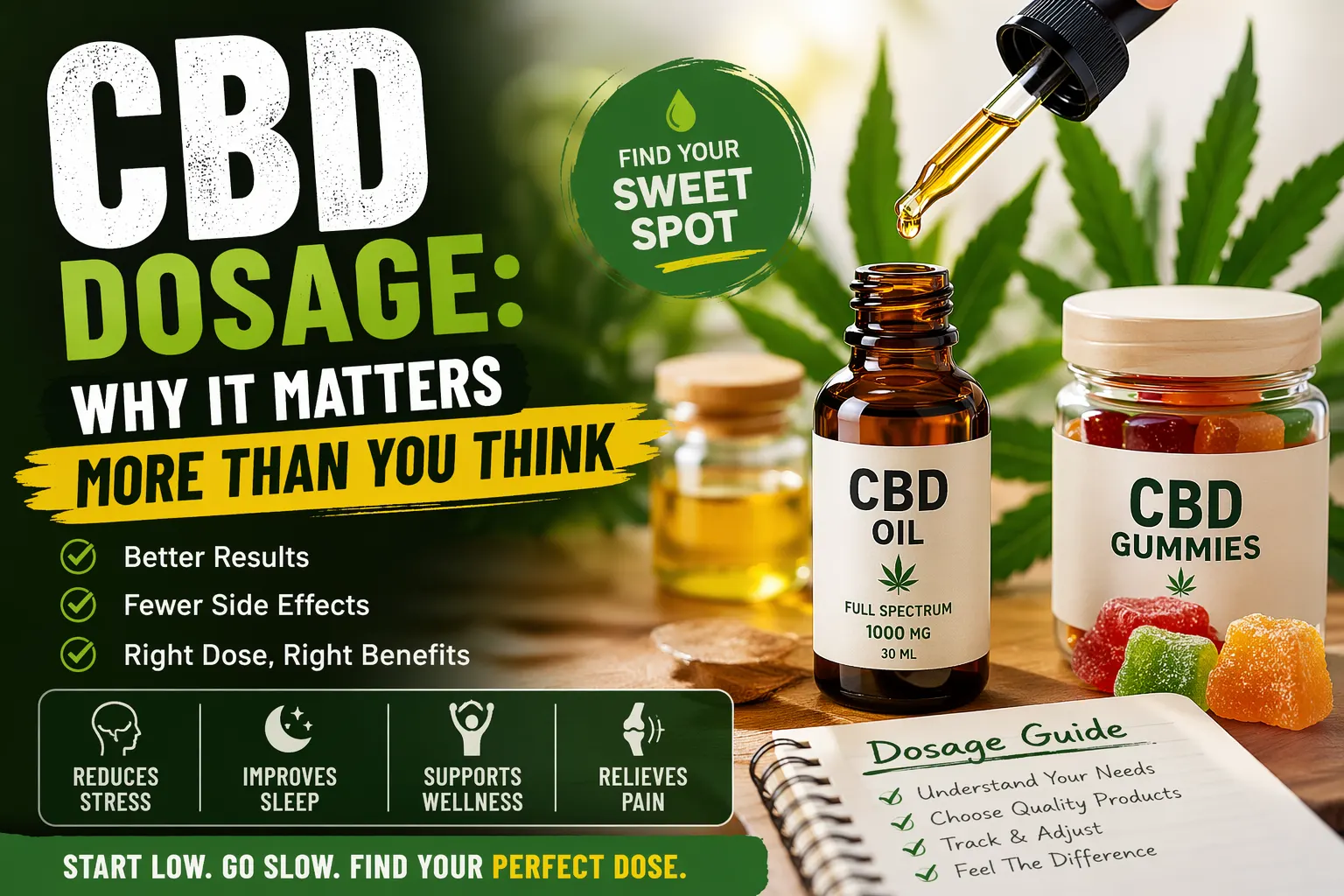 Infographic showing CBD oil dropper, gummies, and dosage guide with text “CBD Dosage: Why It Matters More Than You Think” highlighting benefits like better results, improved sleep, and reduced stress