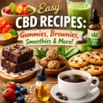 A colorful spread of CBD-infused recipes including gummies, brownies, cookies, smoothie, coffee, and CBD oil bottle on a wooden table