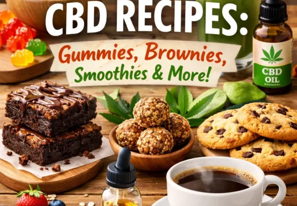 A colorful spread of CBD-infused recipes including gummies, brownies, cookies, smoothie, coffee, and CBD oil bottle on a wooden table